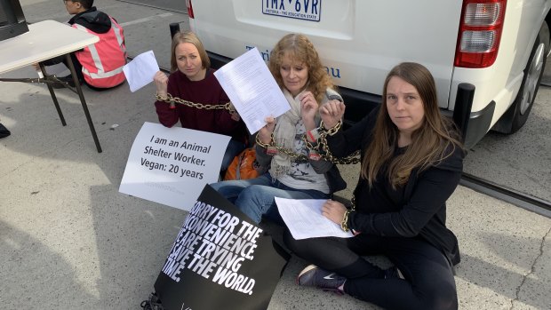 Protestors chained themselves to vans in the middle of the intersection. 