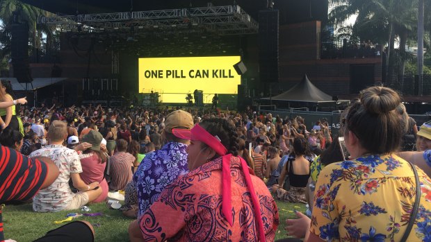 The FOMO Festival crowd at Brisbane's Riverstage were warned about the dangers of taking drugs.