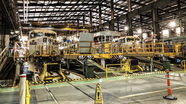 Autohaul trains at Rio Tinto's 7 Mile rail operations in Karratha. 