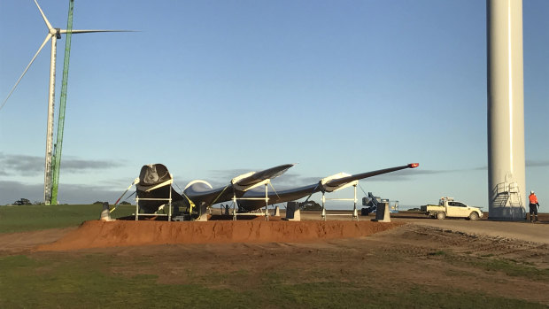 Construction at the Mortlake South Wind Farm is part of a boom in new wind farms that includes the Kiata project (pictured) in western Victoria.