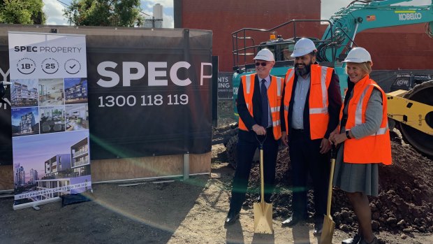 Spec's Simon Abdelmalak (centre) with Paul Byrne from Fishermans Bend Task Force (left) and Meredith Sussex, the chairman of the Fishermans Bend Development Board (right).