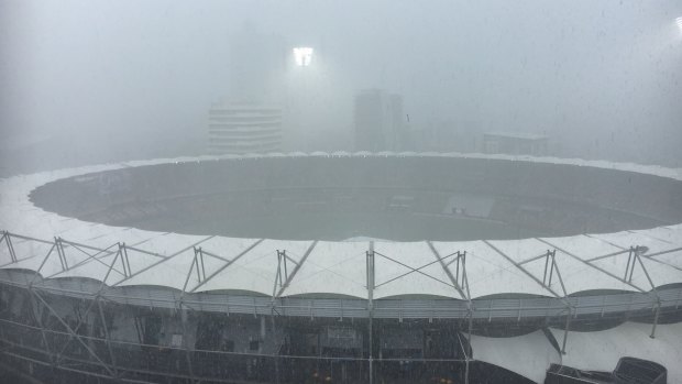 Heavy rainfall at the Gabba in Brisbane on Saturday.