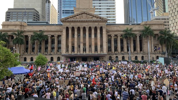 King George Square filled on Friday night as thousands protested the federal government's handling of the bushfire crisis.