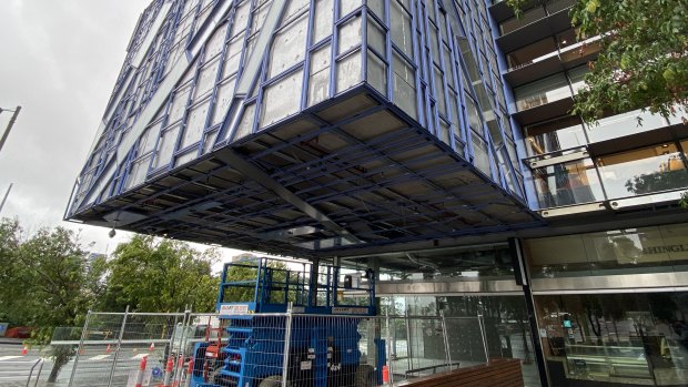 One section of the Brisbane Square building which has been stripped of external wall cladding.