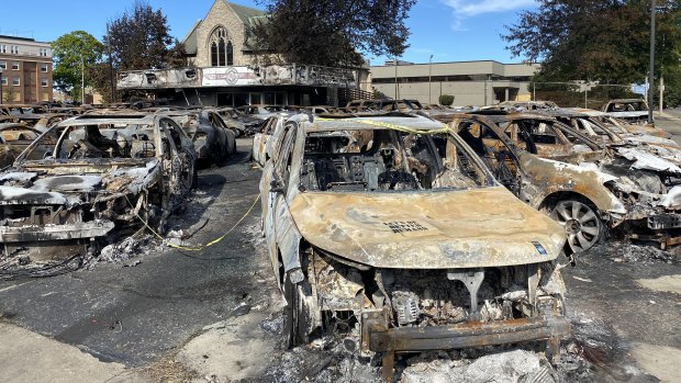 Burnt out cars following riots in Kenosha, Wisconsin.