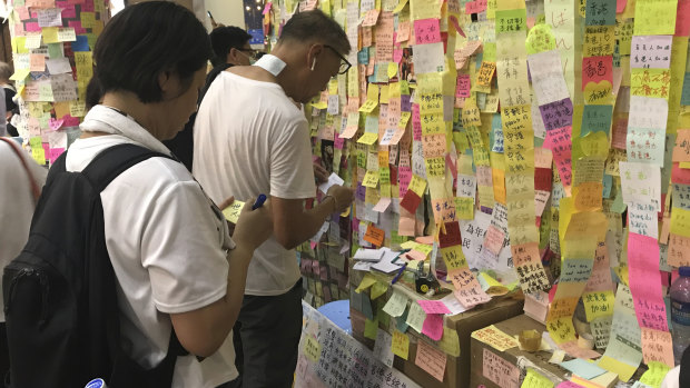 The Lennon Wall made up of protest Post-It notes in support of Hong Kong's democracy movement. 