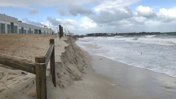 Tuesday's storm, the first big one of 2020, washed away part of the sand at Port Beach in Fremantle.