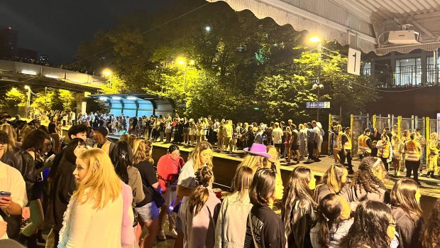 Taylor Swift fans pack the trains at Jolimont Station after leaving the MCG.