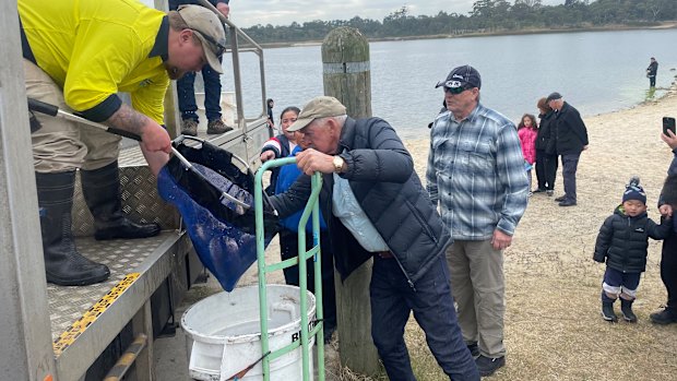 Keen's fish releases some of the 35,000 fish in the lake of Karkarook Park in the heat.