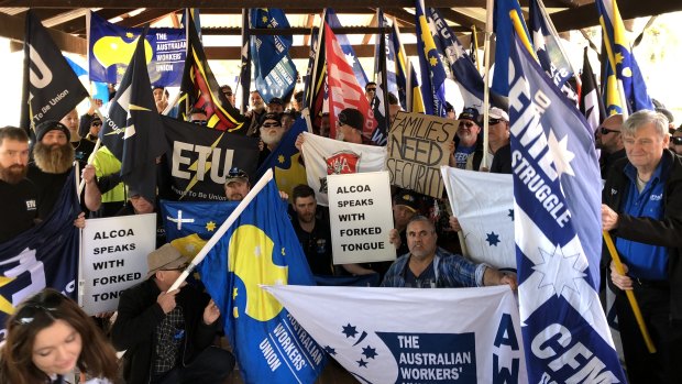 Striking Alcoa workers, unionists and AWU officials protesting outside parliament house in August.