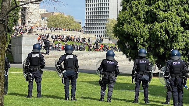 Riot police on standby at the Shrine of Remembrance.  