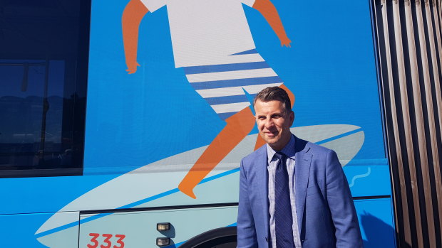 NSW Transport Minister Andrew Constance announces a rapid route service between Bondi Beach and the city centre on Monday. 