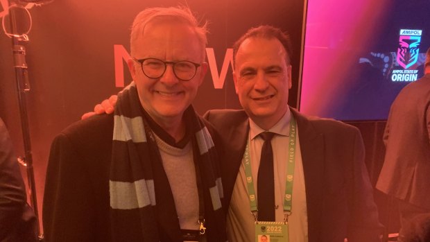 Anthony Albanese and Peter V’landys inside the NRL chairman’s suite.