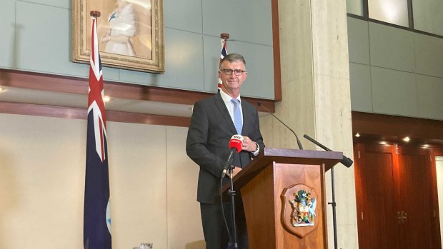 Deputy LNP Leader and shadow treasurer Tim Mander delivering the LNP's election costings at Queensland Parliament.