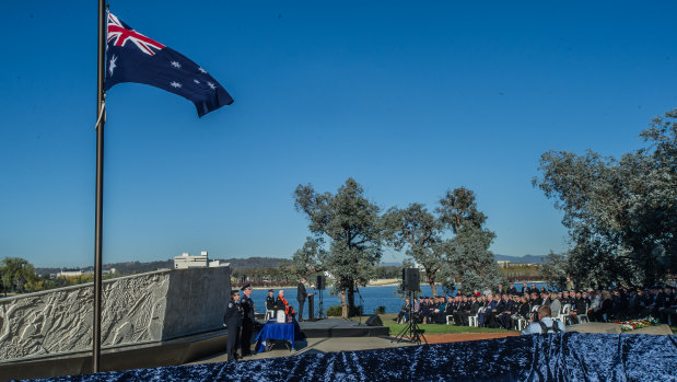 Hundreds of people gather to honour fire and emergency services personnel who died in the line of duty, at a memorial service in Canberra on Tuesday.