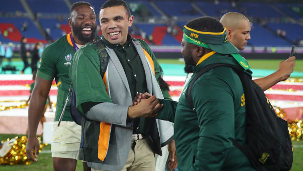 Emotional: Bryan Habana was on hand to join the celebrations in Yokohama.