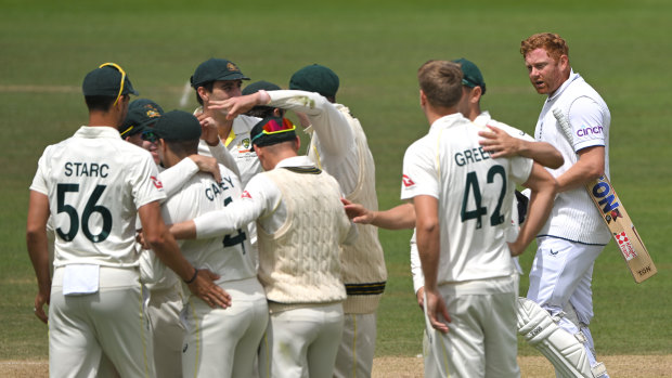 Jonny Bairstow looking displeased after Alex Carey took down the stumps at Lord’s.