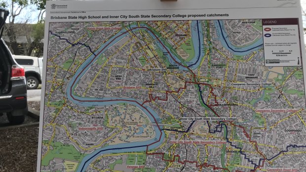 The maps show the precise streets in South Brisbane where students will no longer be eligible for direct entry to the popular school when the neighbouring high-rise school in Dutton Park opens in 2021.
