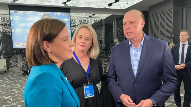 Deb Frecklington with federal minister Peter Dutton following her election concession speech.