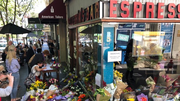 Flowers outside Pellegrini's Espresso Bar on Bourke Street last year.