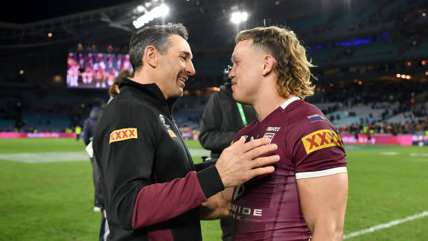 Billy Slater congratulates Reuben Cotter at full-time after Queensland’s win.