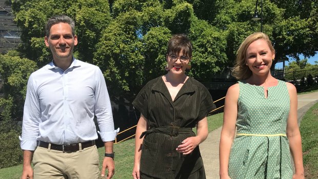 Queensland Greens senator Larissa Waters with Greens MP for Maiwar Michael Berkman, new South Brisbane MP Amy MacMahon on Sunday.