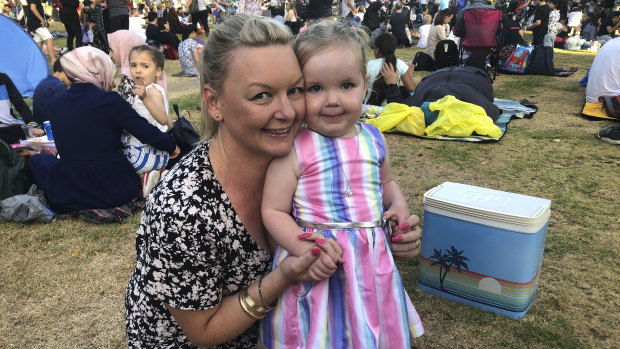 Erin Whitbread and two-year-old daughter Annabelle at Yarra Park. 
