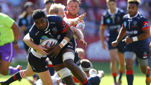 On the charge: The Rebels' Isi Naisarani in action against the Lions.