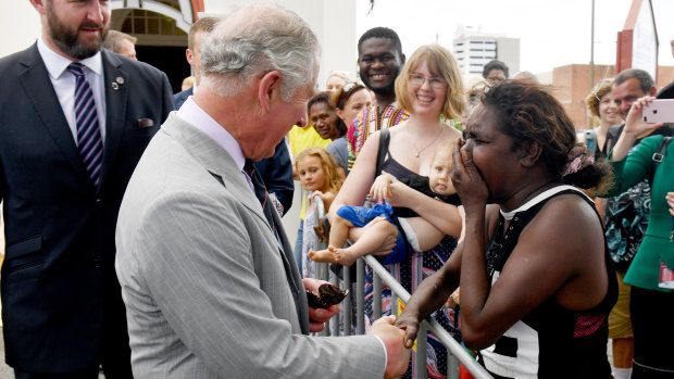 Prince Charles meets with Elizabeth Kulla Kulla after the church service in Cairns.