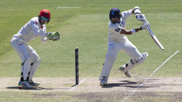 Rising star: Sangha bats for the Blues against the Redbacks in the Sheffield Shield at the SCG.