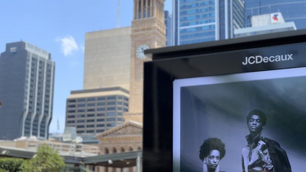 An electronic JCDecaux advertising sign in the Brisbane CBD.