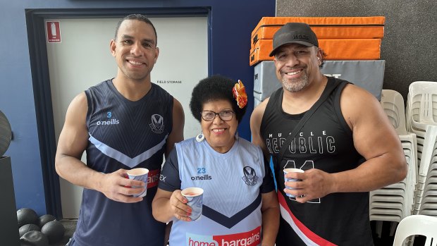 John Hopoate (right) with eldest son Will and John’s mother, Melesisi, at St Helens training at the start of the year.
