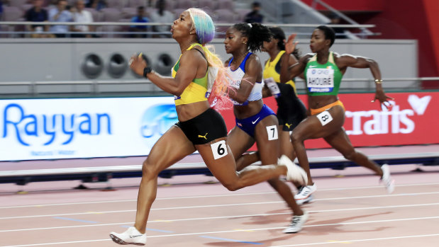 Fraser-Pryce out in front in the women's 100 metres final.