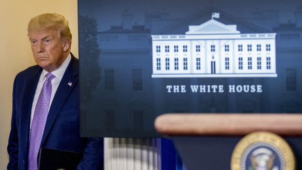US President Donald Trump arrives for a briefing in the James Brady Press Briefing Room of the White House.