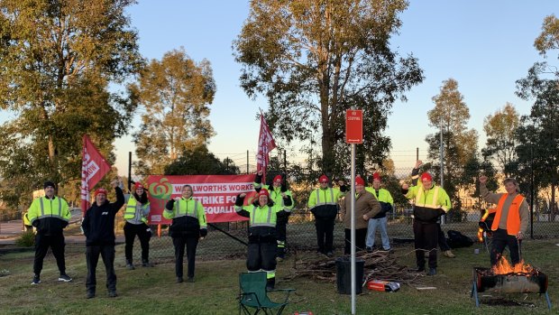 United Workers Union members on strike outside a Woolworths warehouse in Wyong on the Central Coast.