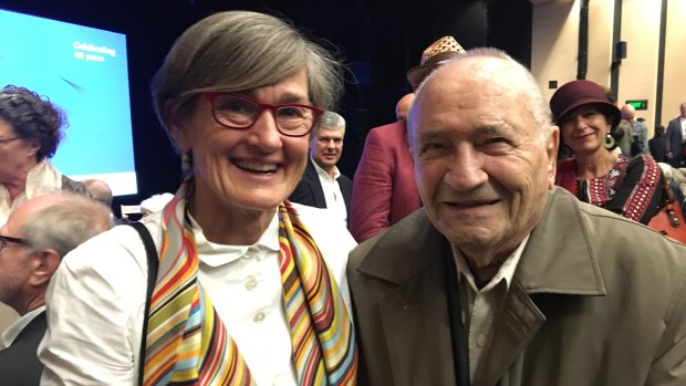 Opera House chief executive Louise Herron with Joe Bertony, the inventor of the Opera House erection arch, at the premiere of a film about the life and work of architect Jorn Utzon.