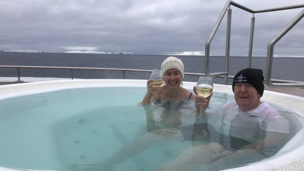 Bob Lamond and his daughter Sarah on their Antarctica cruise: "At night 
we’d hop into the spa on the deck. It was bloody freezing, minus one degree."