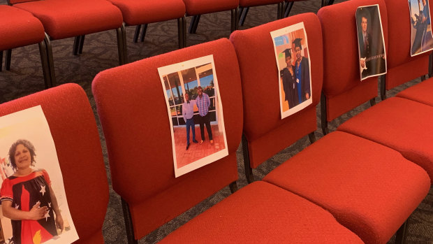 Photos attached to the seats to remind Pastor Matthias Prenzler he is preaching to a real audience during COVID-19 restrictions.