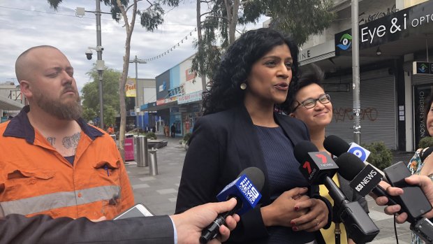 Victorian Greens leader Samantha Ratnam flanked by the party's Footscray candidate Angus McAlpine and upper house MP Huong Truong