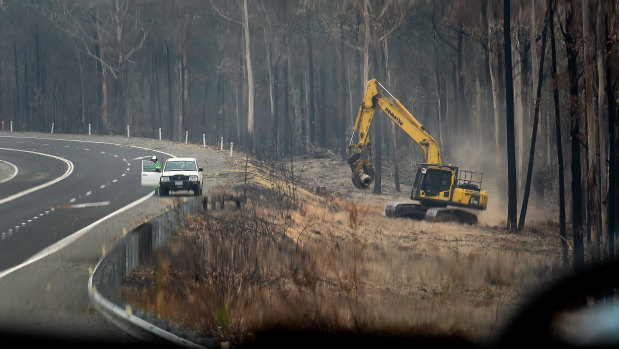 Workers clear dangerous trees from the roadside on the Princes Highway.
