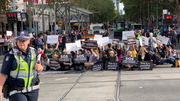 About 150 animal rights activists blocked the intersection of Flinders and Swanston streets in Melbourne, calling for an end to animal cruelty.