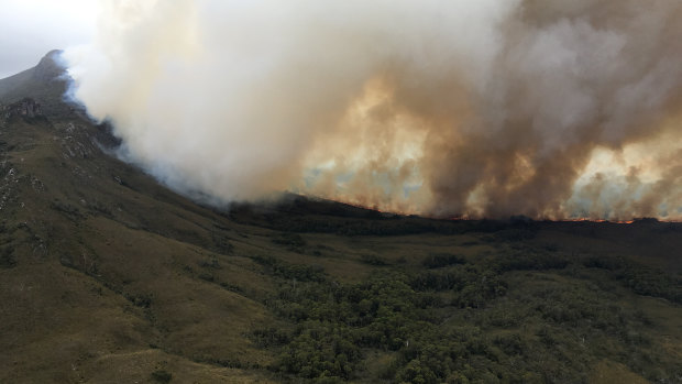 The Gell River bushfire in Tasmania's south-west, which has burned through about 18,000 hectares.