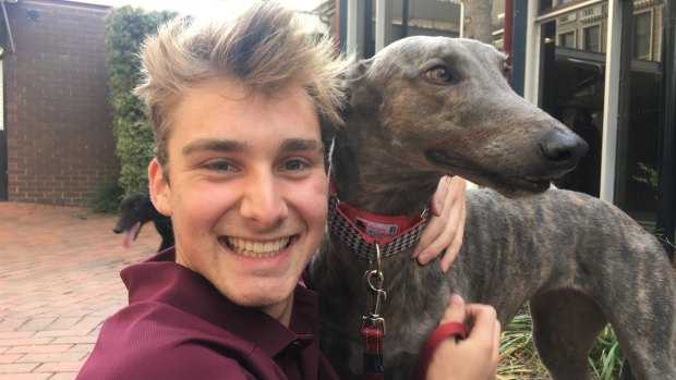 Student Chris Brown with Frieda the greyhound on Sunday.