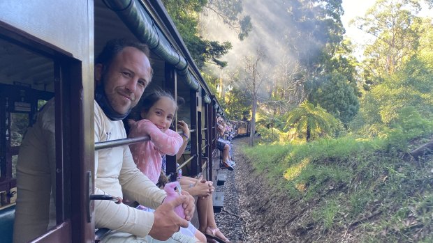 Father and daughter, Ken and Cleo Mackenzie ‘hanging out’ on the Puffing Billy on Saturday.