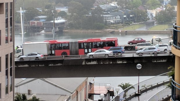 Heavy traffic on the Anzac Bridge following the crash.