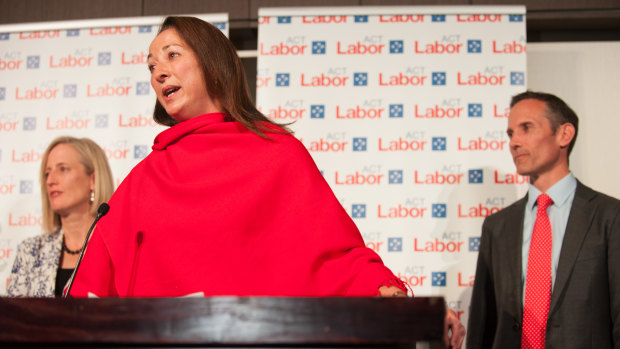 Labor MP for Canberra Gai Brodtmann on election night 2016, flanked by Labor senator Katy Gallagher and Labor MP for Fenner Andrew Leigh.