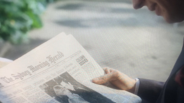 Prince Charles reading The Sydney Morning Herald in The Crown. 