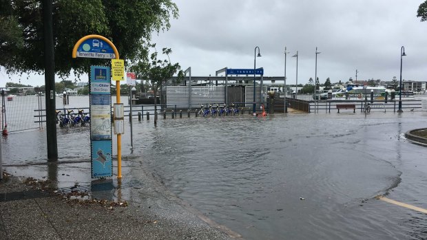 Partial flooding at the Teneriffe Ferry Terminal in Brisbane on Monday.