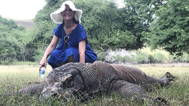 Journalist Jewel Topsfield with a Komodo dragon.