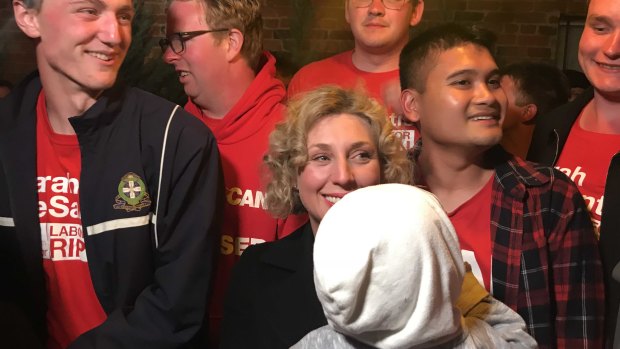 Labor’s Sarah De Santis (centre) with her supporters in Clunes, in the ultra-marginal seat of Ripon.